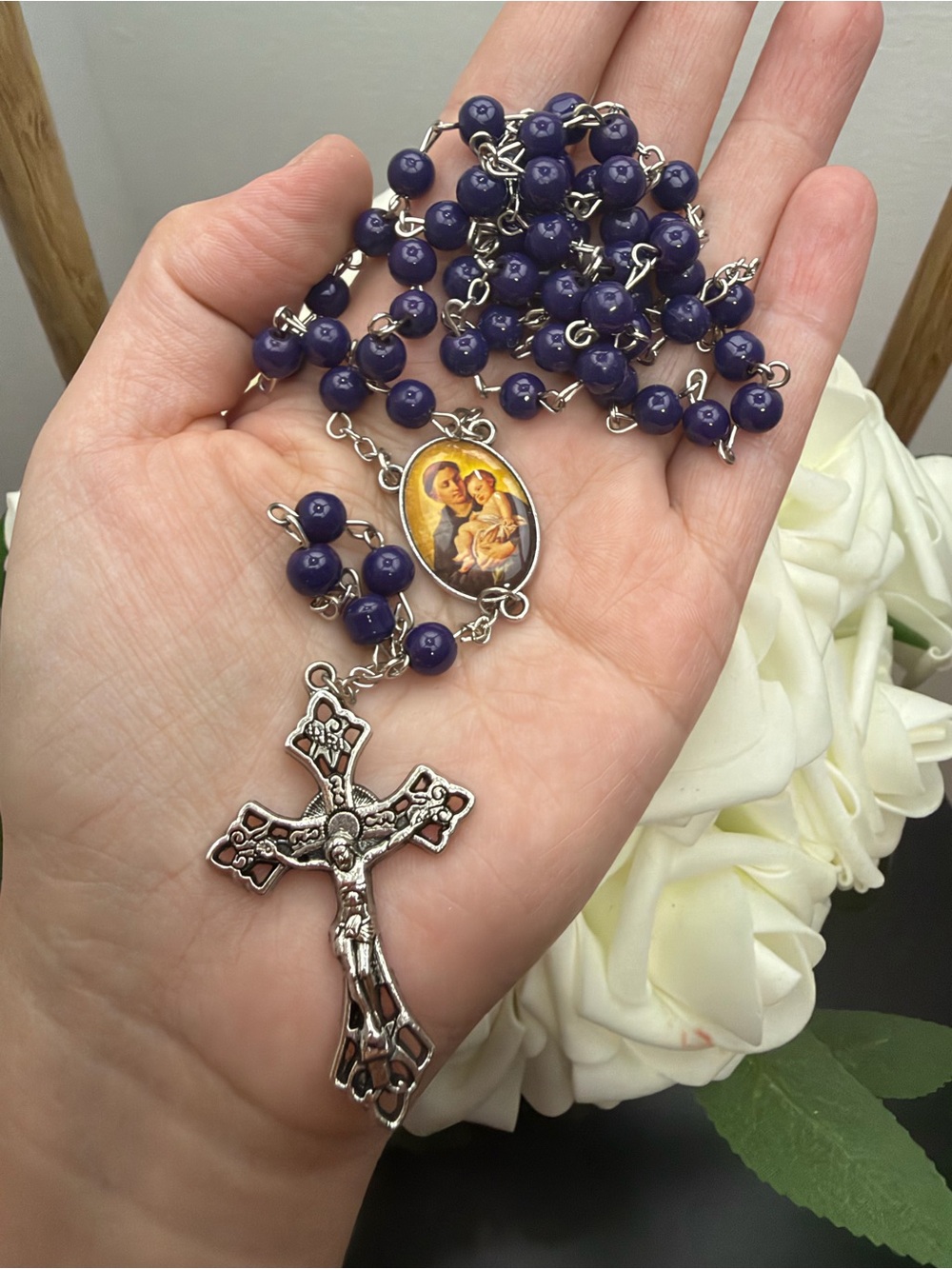 Beaded Rosary Necklace in Deep Purple with Crucifix